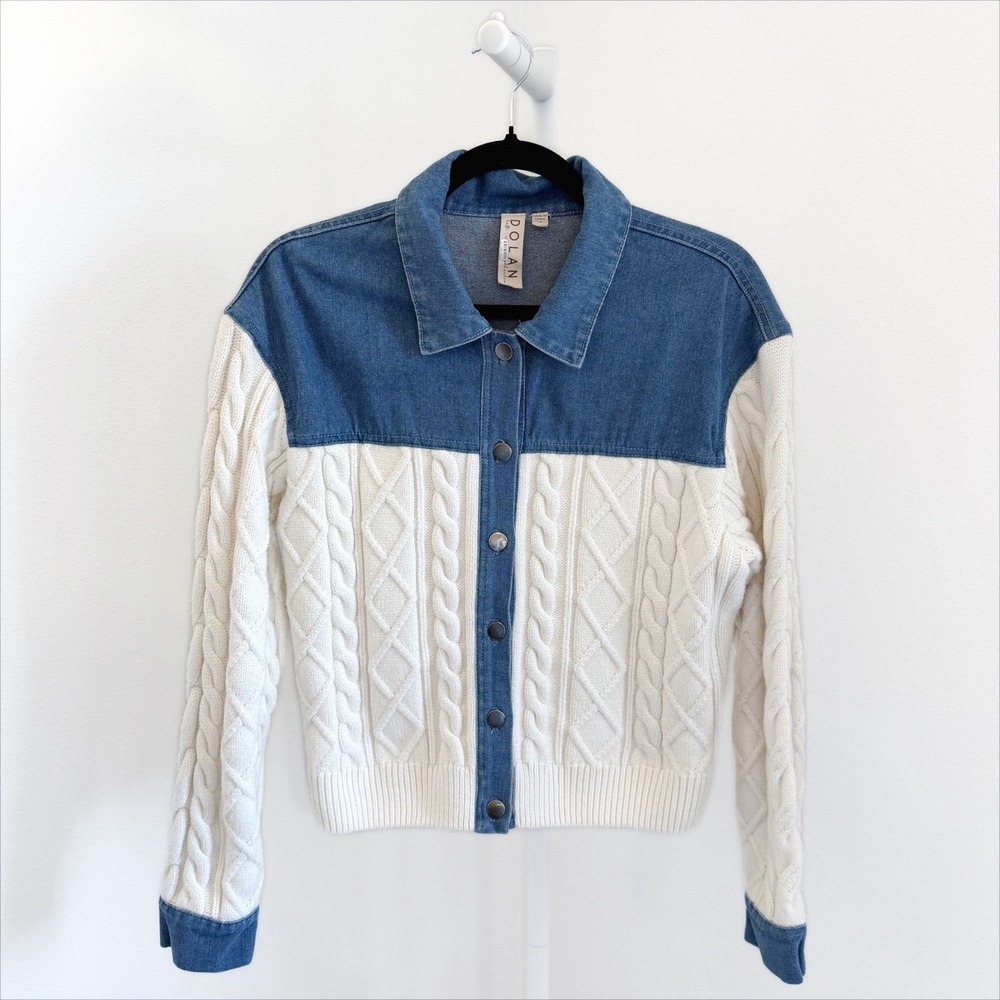 Dolan Anthropologie Denim Cable Knit Jacket Womens Medium Boho Preppy Fall